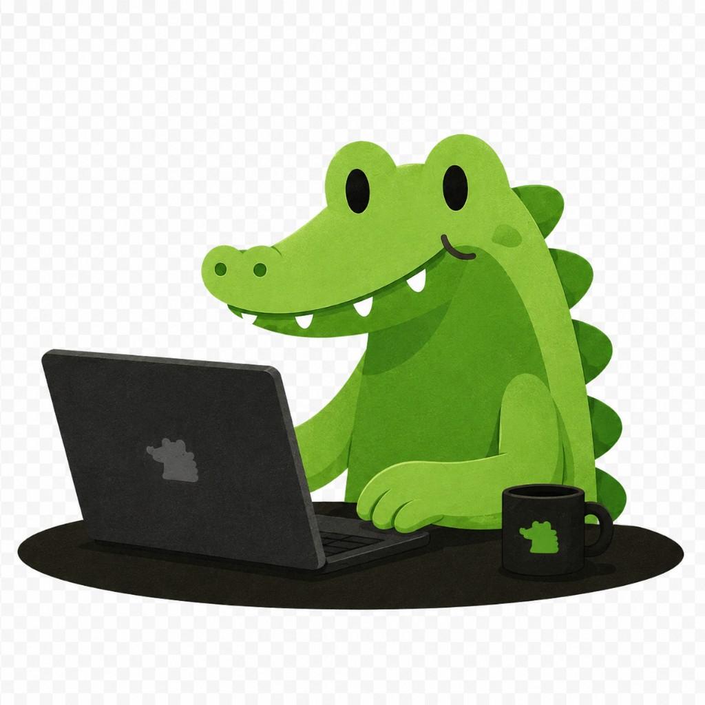 Gator at a laptop with coffee